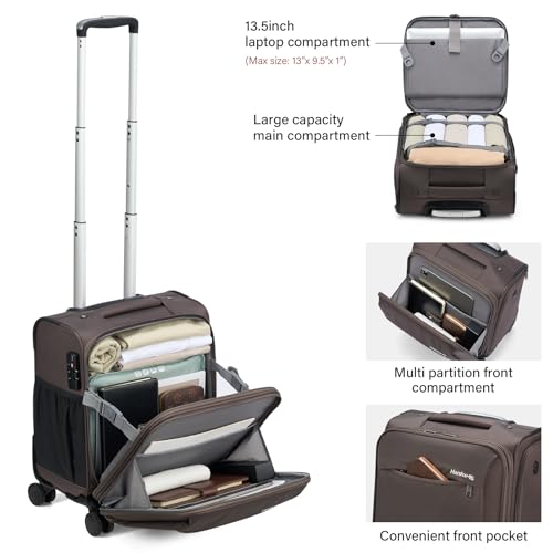 Hanke 16 Inch Underseat Carry On Luggage with Wheels Small Suitcase Softside Luggage Bags, 17.5 Foldable Lightweight Personal Item Travel Bags for Women Men(Coffee)