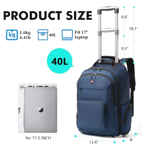 WIRABO 17.3 Inch Rolling Backpack for Adults, 40L Water Resistant Laptop Backpack with Wheels, Flight Approved Carry on Luggage for Business Travel, Roller Bag for Men Women College, Blue