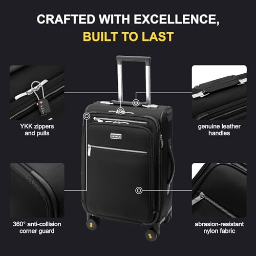 LEVEL8 Carry On Luggage with Compartment, 20 Inch Softside Expandable Travel Suitcase with Spinner Wheels, Top Opening Luggage, Men and Women, Black