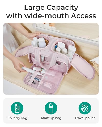 BAGSMART Travel Toiletry Bag, Crush Toiletry Bag for Women, Wide-open Puffy Toiletry Bags for Traveling, Large Travel Cosmetic Makeup Bag Organizer for Accessories,Toiletrie, Pink