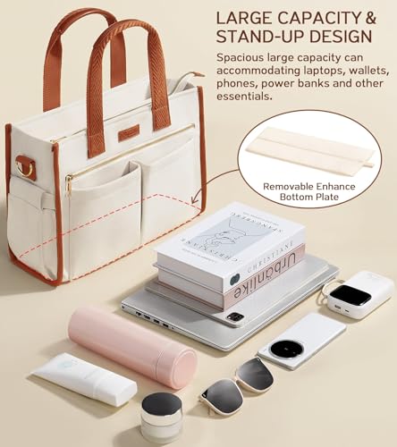 Canvas Tote Bag for Women, 15-Pocket Large Crossbody Purse Shoulder Satchel Handbag Bible Laptop Bag Zipper Bookbag for Teacher Nurse Work Travel College Everyday