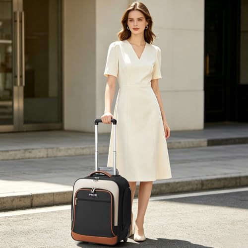 mixi 16 Inch Underseat Carry-On Luggage, Softside Suitcase with Wheels, Fashion Lightweight Water-Resistant Personal Item Travel Bag for Short Trips, Black-Off white