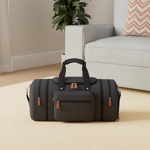 Sucipi Canvas Travel Duffel Bag for Men, Weekend Overnight Bag with Shoe Compartment and Toiletry Bag, Carry-On for Airplanes, Dark Grey