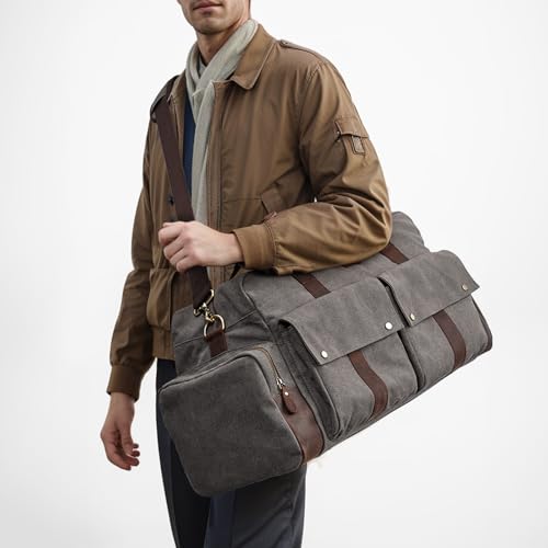 S-ZONE Unisex 56L Duffle Bag Canvas Travel Bag Carry on Leather Trim Overnight Weekender Bag Sports Bag for Travel Weekend Holiday, Grey
