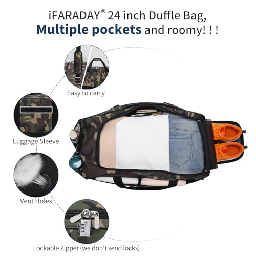 iFARADAY 47L Mens Duffel Bag for Travel with Shoe Compartment, Large Gym Bag for Men with Luggage Sleeve, Weekender Overnight Bag (Camouflage)