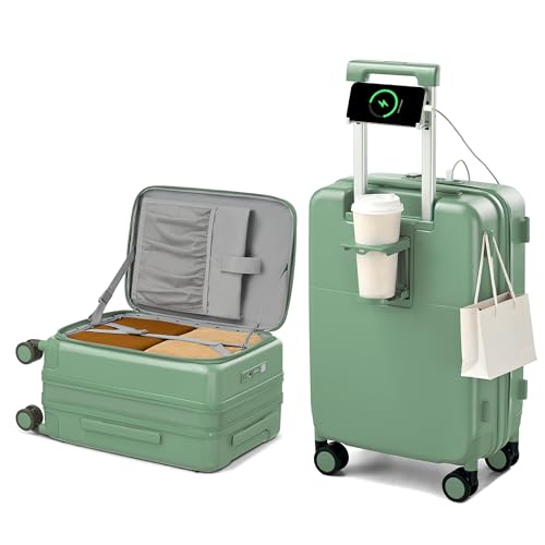 Hanke 20 Inch Expandable Carry On Luggage with Cup Holder 22x14x9 Airline Approved, Top Opening Hard Shell Suitcases with Wheels, Carry-On Travel Suitcase Trunk Luggage with Lock, Forest Green