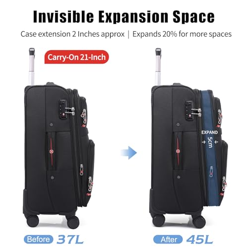 ROPLUS Softside Expandable Luggage with 4 Spinner Wheels, Durable Carry-On Luggage Suitcase (Black, 21-Inch)