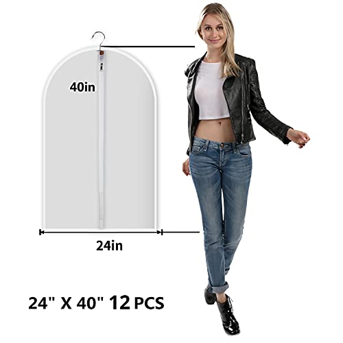 MsKitchen Garment Bags 12 Pack, 24 x 40 Hanging Clothes Storage Bags, Translucent PEVA Garment Covers with Full Zipper for Suits and Dresses