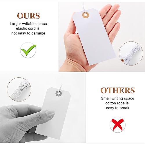 100pcs Large Price Tags with String Attached White Hang Paper Tags with Elastic String Reinforced Hole Writable Mother's Day Tag Inventory Tag 4.76''×2.36''