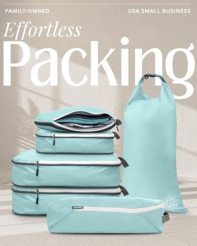 Compression Packing Cubes for Travel, 6-Piece Lightweight Packing Cubes Set for Carry-On Luggage & Backpacks – TRIPPED Travel Gear (Dusty Teal/White)