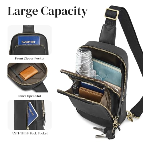 S-ZONE Sling Bag for Men Women RFID Blocking Top Grain Leather Crossbody Shoulder Bag Chest Hiking Daypack Travel