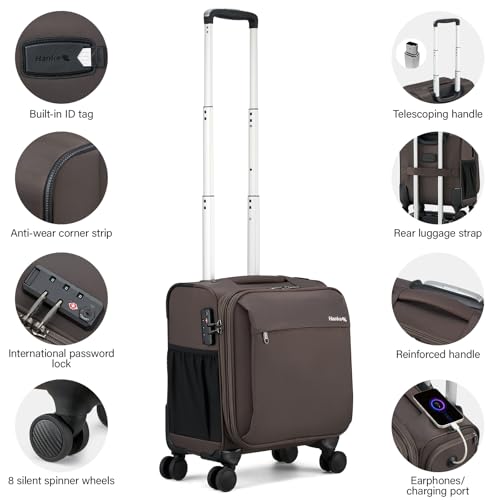 Hanke 16 Inch Underseat Carry On Luggage with Wheels Small Suitcase Softside Luggage Bags, 17.5 Foldable Lightweight Personal Item Travel Bags for Women Men(Coffee)