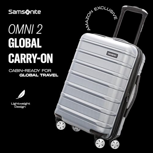 Samsonite Omni 2 Global Carry-On Spinner Luggage - Compact Size For International Travel - Airline-Approved - Features Expandable Polycarbonate Shell, 360° Wheels, USB Power Hub - Silver