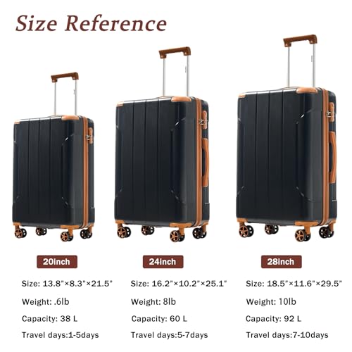 Merax Luggage Set 3 Piece, Hard Shell Suitcase Set with Spinner Wheels, Lightweight and Durable, Telescoping Handle, Carry On Luggage for Business and Vacation Travel (Black Brown)