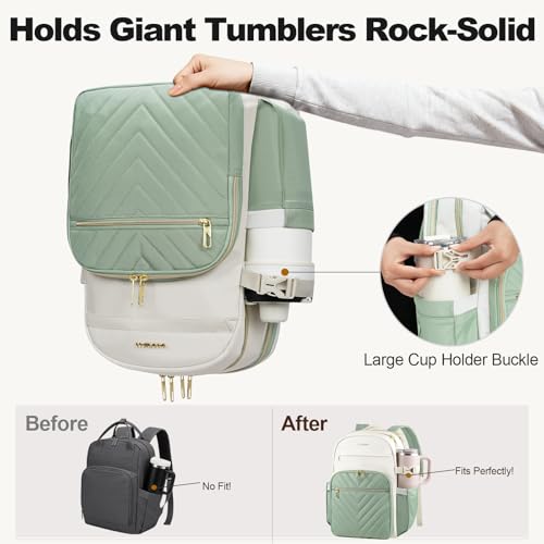 VANKEAN Laptop Backpack for Women with Pouch Pocket for Large Capacity Tumbler, 15.6 Inch Laptop Computer Bag Travel Backpack Purse,Waterproof Work Business Teacher Bags, Beige-Light Green
