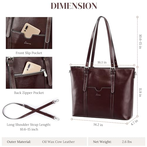 S-ZONE Women Cow Split Leather Laptop Tote Bag Shoulder Handbags 15.6 Inch Purse, Coffee, L, Retro