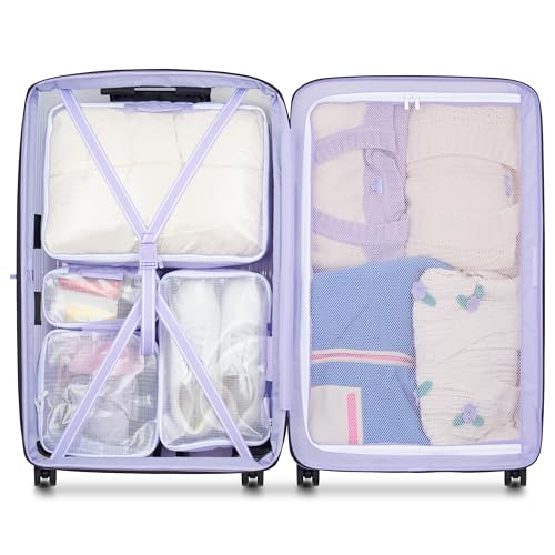 florence by mills Gotta Glow Hardside Expandable Luggage with Spinner Wheels, Translucent See-Thru Purple, Checked-Large 29 Inch