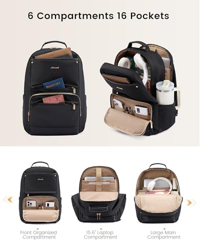 LOVEVOOK Laptop Backpack for Women with Large Capacity Cup Pocket, 15.6 inch Work Purse Travel Bag for Teacher Nurse, Waterproof Computer Business Back Pack, Cute Bookbag for College, Black