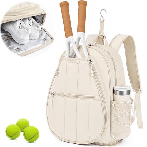 Movker Quilted Tennis Gym Backpack for women Tennis Bag Holds 2 Rackets with Top Panel & Ventilated Shoe Compartment Sports Duffle Bags with Wet Pocket & Fence Hook (Beige)