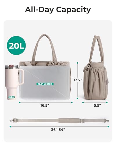 BAGSMART Crush Bow Tote Bag for Women, Large Work Tote with 40oz Tumbler, Puffer Travel Tote Bag for Work, Yoga, Gym
