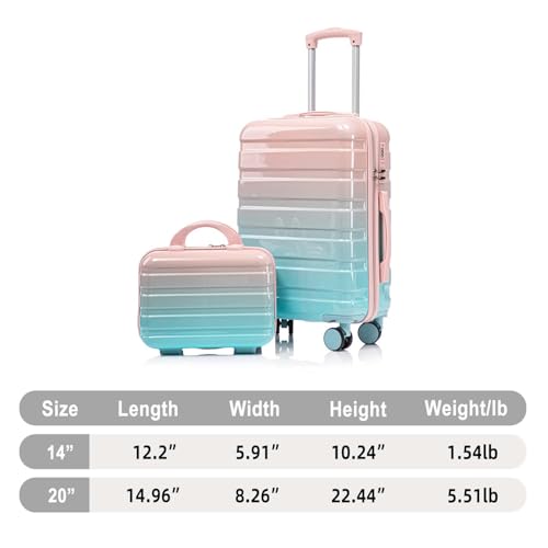 Clyrava 20 Inch Blue+Pink Carry on Kids Luggage Set of 2 with Spinner Wheels and 14" Cosmetic Case, Hardshell Small Suitcases with Combination Lock, Checked Luggage for Travel Men and Women