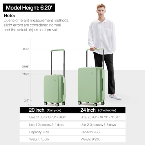 mixi Carry On Luggage Airline Approved Wide Handle Lightweight Luggage PC Hard Shell Suitcases Rolling Suitcases with Spinner Wheels & TSA Lock, 20 Inch Avocado Green