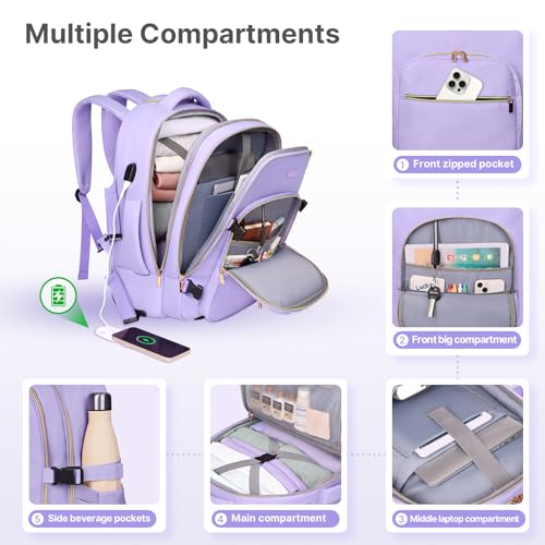 DEVPNR Rolling Backpack for Women, Travel Backpack with Wheels, TaroPurple