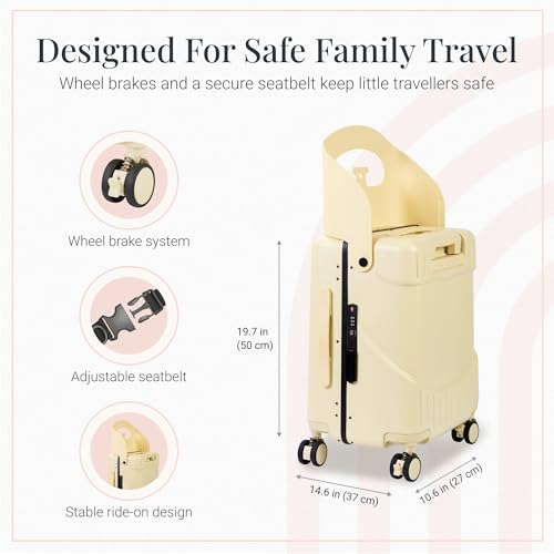 RAINRO & CO Butter Beige 20" Ride-On Suitcase for Kids (Ages 3–5), Carry-On Luggage with Seat, Spinner Wheels, TSA Lock & Lightweight Durable Hardshell