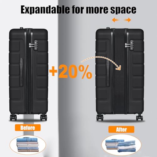 KEYTANG 3-Piece Hardshell Luggage Set(20/24/28), Lightweight Expandable Suitcase with TSA Lock and Double Spinner Wheels, 20% Expansion for Extra Packing, Carry-On and Checked Bags, Black