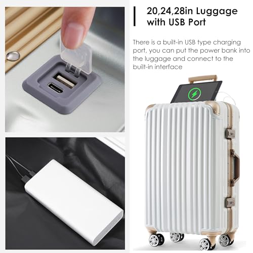 Merax 24 Inch Aluminum Frame Luggage with USB port, Vacation Suitcase with Spinner Wheels and TSA Lock, moonlight