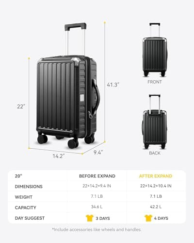 LUGGEX Carry On Luggage 22x14x9 Airline Approved, PC Expandable Hard Shell Suitcases with Spinner Wheels, 20 Inch, Brown Black
