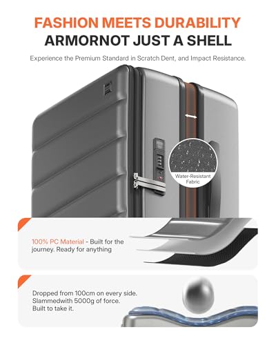 ISLAND ELEPHANT Expandable 20Inch Carry On Luggage Airline Approved - Top Opening Hardside Travel Suitcase Unbreakable -with Cup Holder,USB Charge,Side Pothook, 360°Spinner Wheels, TSA Lock-Grey