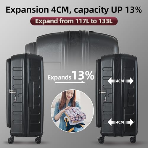 Kaleenie 29 Inch Luggage with Expansion & Side Opening Design, 50 * 31(35)*76cm, 117L~133L Ligthweight ABS+PC Hardshell Checked Suitcase, TSA Lock & YKK Zipper with HINOMOTO 360° Wheels, Black