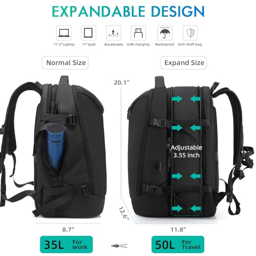 TANGCORLE Travel Carry on Backpack 50L Expandable Flight Approved Backpacks 17.3 inch Laptop and USB Charging Port bags Water Resistant Business Back Pack for Women & Men