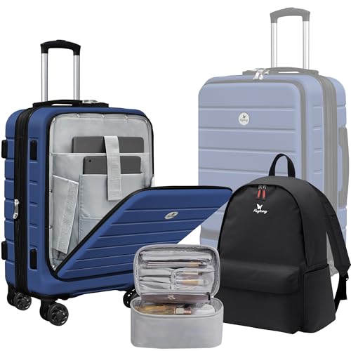 KEYTANG Classic 20" Carry-On with TSA Lock Spinner Wheels, Lightweight Hardside Expandable Suitcase with Front Open Pocket Compartment, Navy Blue
