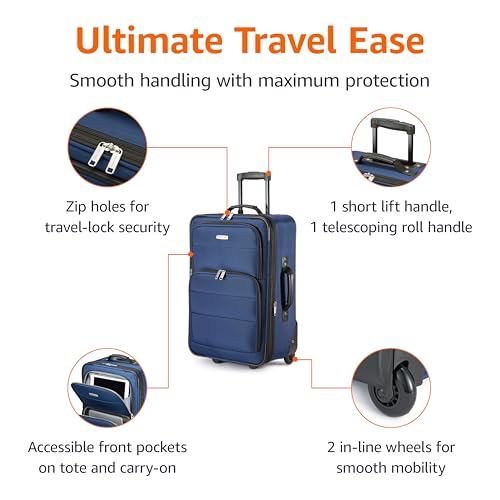 Amazon Basics Softside Luggage Set, 23-Inch Expandable Suitcase with Wheels and 15-Inch Tote, Extra Space (+15%), Front Pockets, Telescopic Handle, Navy Blue
