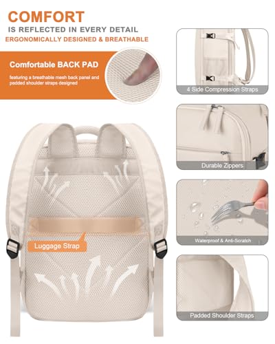 Capolo Travel Backpack for Women Men Waterproof Laptop Backpack Airlines Approved Carry On Backpack Bag Computer Bookbag for Business, Work, Traveling Fits 15.6 Inch Laptop(Beige)