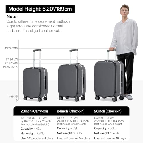 mixi 26 Inch Large Checked Luggage PC Hard Shell Suitcase Top Opening Aluminum Frame Travel Suitcases with Wheels, Rock Gray