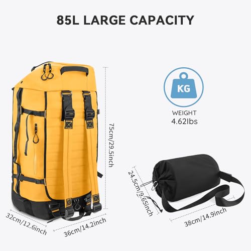 Vrtisa 85L 29“ Foldable Rolling Backpack with Wheels, Soft-side Travel Duffle Bag with Separate Shoe Compartment, Full Quilted Bottom, Yellow