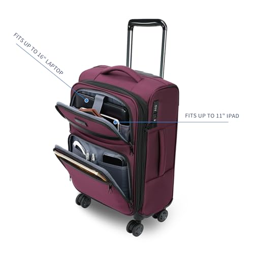 KROSER Softside Expandable Carry On Luggage with Front Business Pockets，20 Inch Suitcases with Spinner Wheels & Built-in TSA Lock, Durable Suitcase Rolling Luggage with USB Port, Burgundy