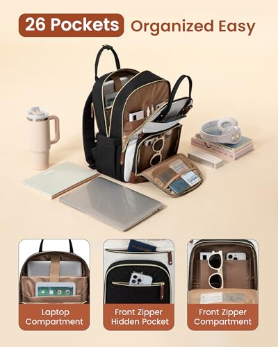 LOVEVOOK Laptop Backpack Women with Giant Tumbler Holder,15.6 inch Waterproof Work Travel Backpack Computer Laptop Bag,Cute College Nurse Teacher Backpack Purse,Gifts for Women & Men,Beige-Black-Brown