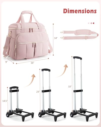 Marscamd Rolling Teacher Bag with Accordion File Organizer & 15.6" Laptop Compartment, Wheeled Work Briefcase Tote with Detachable Trolley & Crossbody Strap for Women, Pink