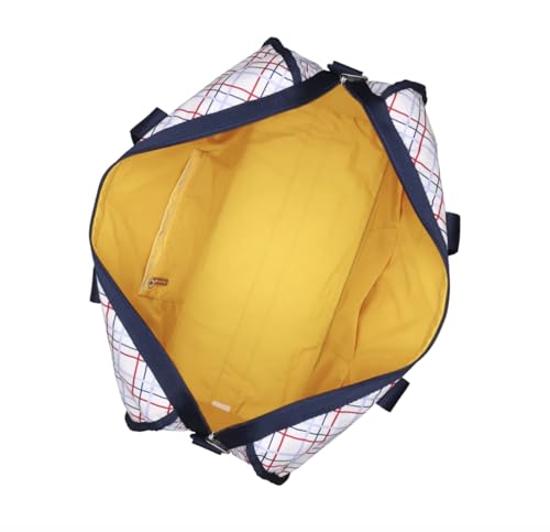 LeSportsac Modern Tattersall Deluxe Large Weekender Crossbody Bag, Style 4319/Color E839, Classic Navy & Bold Red Unite on Crisp White Bag, Modern Lilac Accent, Fun Interpretative Tartan Plaid