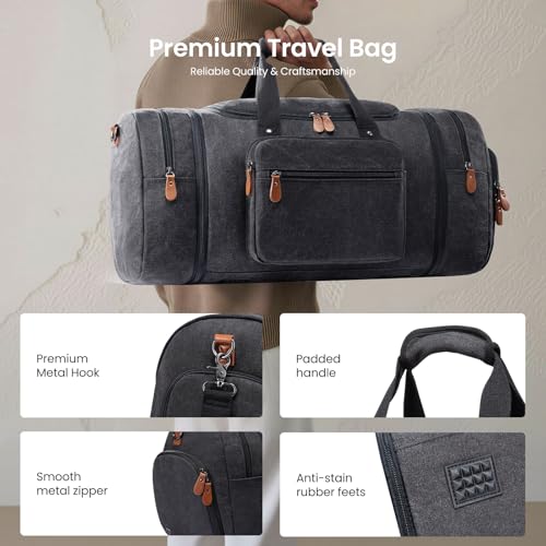 Sucipi Canvas Travel Duffel Bag for Men, Weekend Overnight Bag with Shoe Compartment and Toiletry Bag, Carry-On for Airplanes, Dark Grey