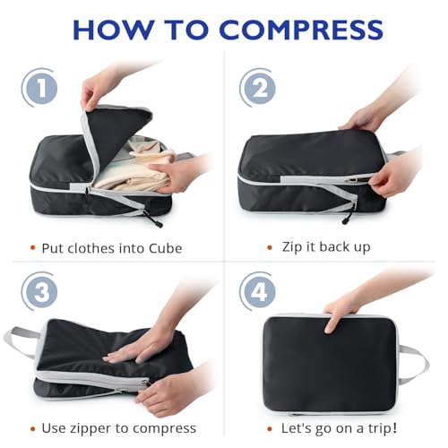 Compression Packing Cubes, 8 Set Packing Cubes for Travel Compression, Lightweight Compressible Package Organizer for Carry On and Suitcases, Black and Grey