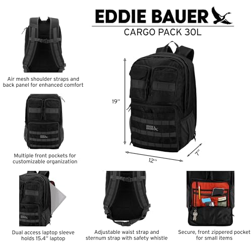 Eddie Bauer Cargo Tactical Backpack | Adventure | Heavy Duty | Outdoor | Water Resistant | 600D Polyester - Black