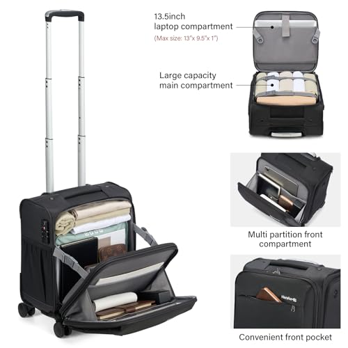 Hanke 16 Inch Underseat Carry On Luggage with Wheels Small Suitcase Softside Luggage Bags, 17.5 Foldable Lightweight Personal Item Travel Bags for Women Men（Black）