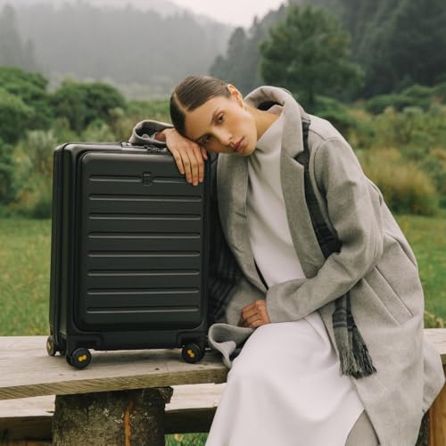 LEVEL8 Road Runner Carry On Luggage with Front Compartment, 20 Inch Lightweight Hard Shell Suitcases with Wheels Airline Approved, Tsa Locks for Luggage, Black,21.46" x 14.57" x 9.45"
