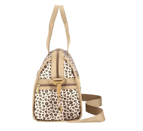 LeSportsac Latte Heart Leopard Brown Deluxe Medium Weekender Crossbody Bag, Style 4318/Color HC09, Modern Abstract Interpretative Heart Leopard Design in Cocoa, Palomino & Mocha