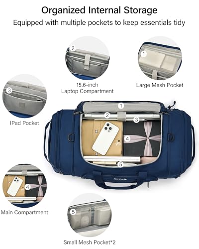 Hanke Expandable Duffle Bag for Travel,3-in-1 Carry On travel Backpack with Shoe Compartment,45L-55L Weekender Bag Travel Tote for Men Women (Blue)